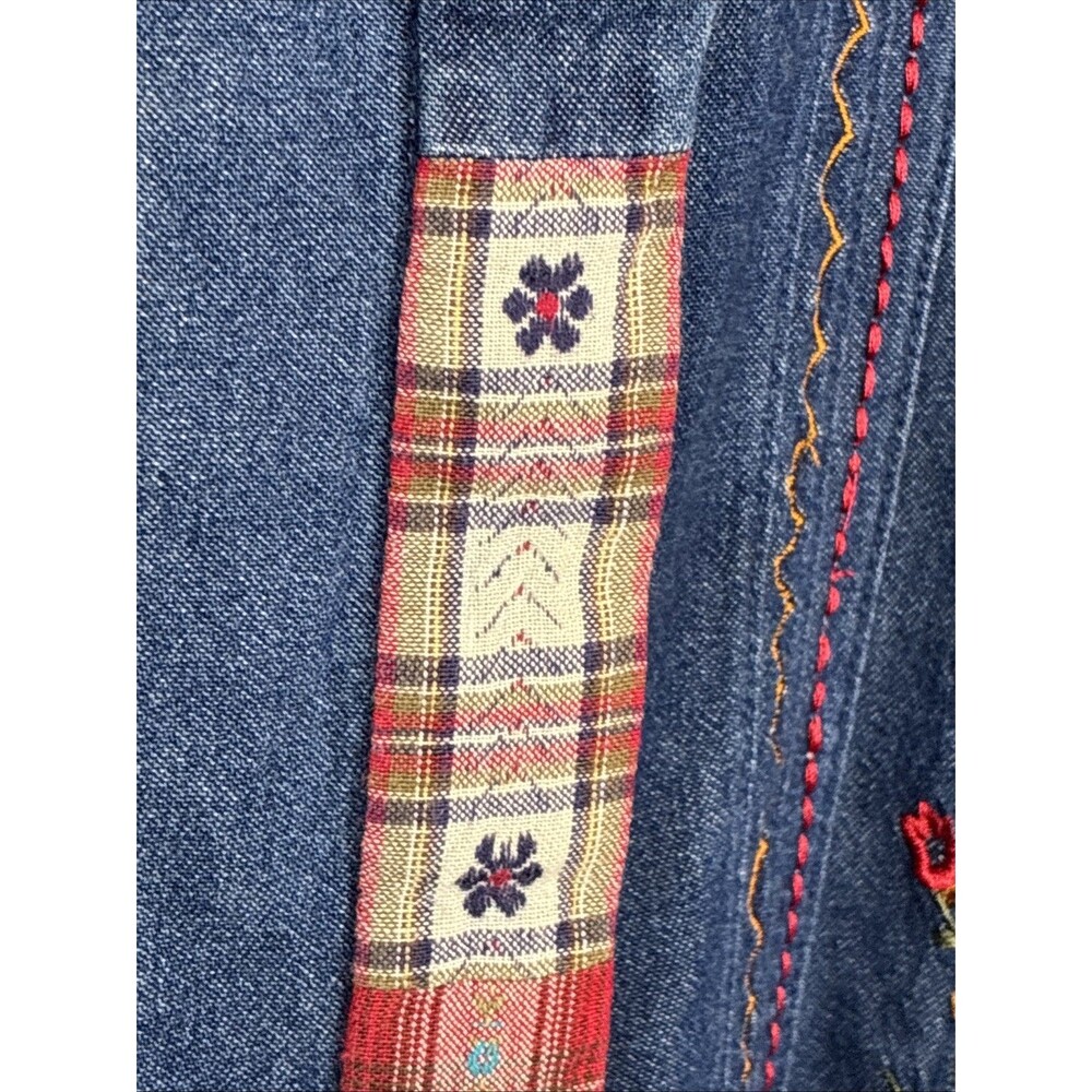 Vtg 90s Y2K Bobbie Brooks Denim Shirt Sz L Blue Floral Embroidery Red Plaid Trim - Picture 4 of 13
